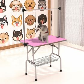 46" Folding Dog Pet Grooming Table Stainless Steel Frame Rubber Mat on Board with Adjustable Arm and Clamps pet dog Cat Grooming Table (PINK COLO (Color: as Pic)