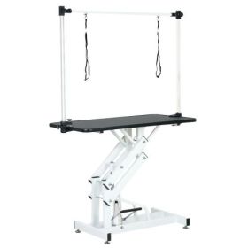 43 Inch Adjustable Heavy Type Hydraulic Pet Dog Grooming Table Upgraded Professional Drying Table Heavy Duty Frame with Adjustable Arm and Noose (Color: Black White)