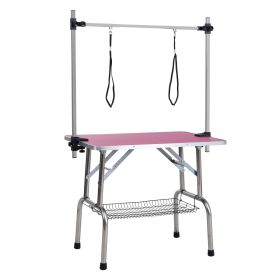 42" Folding Dog Pet Grooming Table Stainless Steel Frame Rubber Mat on Board with Adjustable Arm and Clamps pet dog Cat Grooming Table (PINK COLO (Color: Pink)