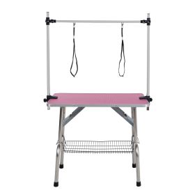 46" Folding Dog Pet Grooming Table Stainless Steel Frame Rubber Mat on Board with Adjustable Arm and Clamps pet dog Cat Grooming Table (PINK COLO (Color: Pink)
